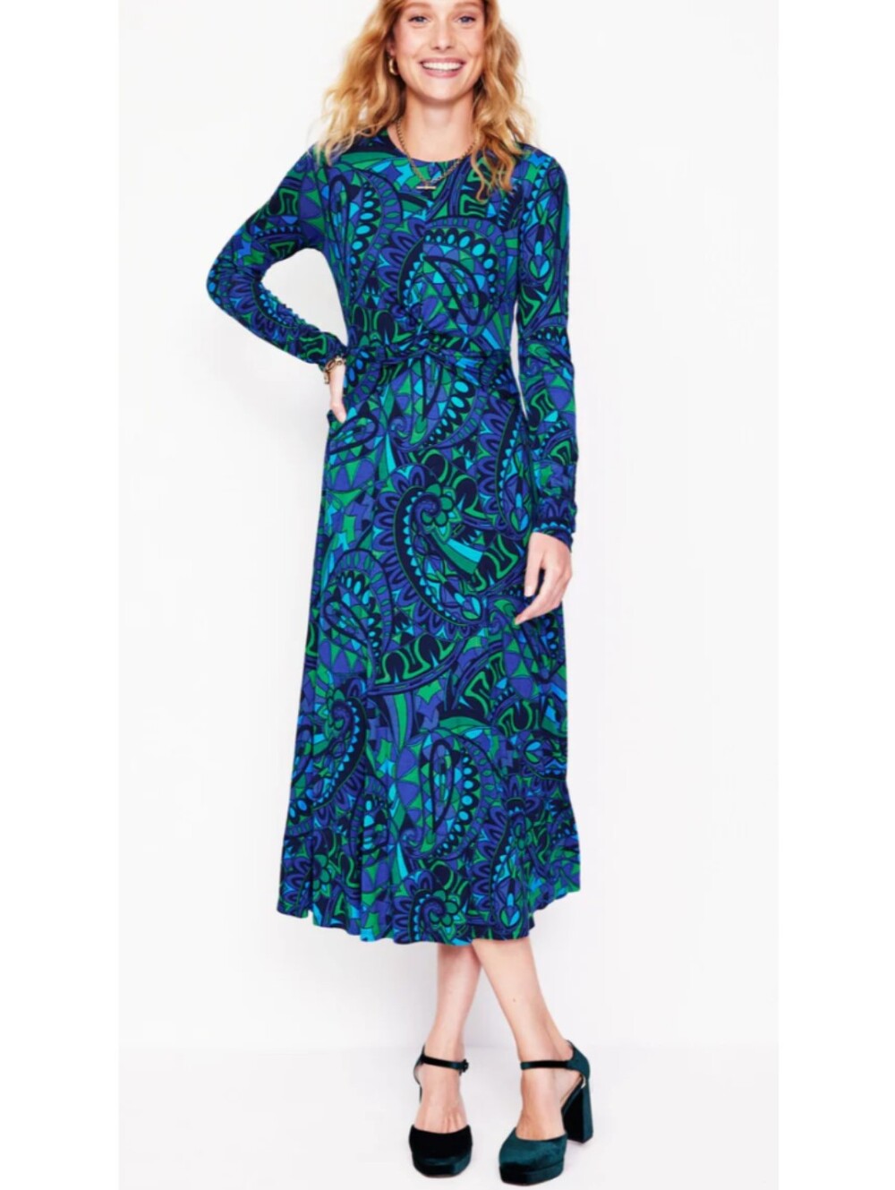 NEW Boden Twisted Waist Jersey Dress Blue Kaleidoscopic Paisley